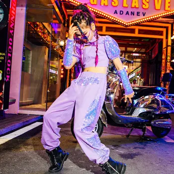 Модные крутые сценические наряды для девочек в стиле К-поп, фестивальный рейв, джазовые танцевальные костюмы с блестками, комплект одежды для выступлений в стиле хип-хоп, городская одежда для подиума