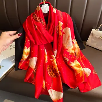 Модный женский шелковый шарф в китайском стиле с цветочным принтом Подсолнух, длинная шаль, обертывание, Многофункциональное украшение с наружным