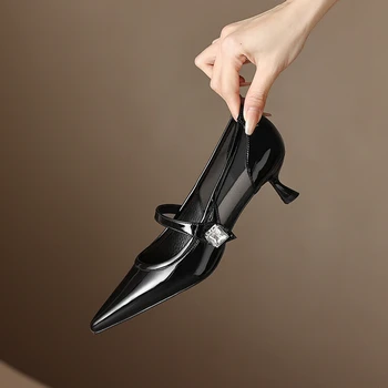 НОВАЯ весенняя женская обувь, женские туфли-лодочки на тонком каблуке с острым носком, лакированная кожа, высокие каблуки, Однотонная сетчатая офисная женская обувь Mary Janes