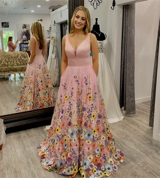 Новое платье для выпускного вечера с 3D-цветами, розовое платье в пол, Элегантная Длинная юбка для официальных вечеринок.