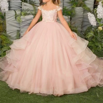 Новое платье для девочек в цветочек с цветочной кружевной аппликацией Детские платья для свадебной вечеринки Одежда для девочек Платье принцессы для первого причастия