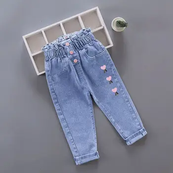 Новые детские джинсы для девочек с вышивкой и цветочным рисунком, детские повседневные брюки на весну-осень, брюки для девочек, одежда