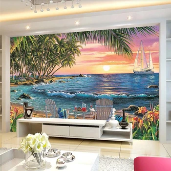 обои на заказ beibehang 3d фреска кокосовая пальма двойное пляжное кресло красивый фон с приморским пейзажем настенная живопись 3d обои