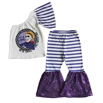 Одежда в фиолетовую полоску для маленьких девочек, детская одежда с одним плечом, детские комплекты одежды с блестками, детская одежда, самая продаваемая