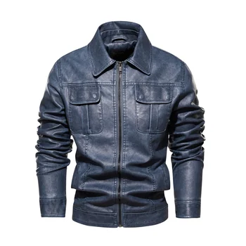 Осень бренд причинно Винтаж кожаная куртка пальто мужская стенд Коллора костюм дизайн карманный мотоцикл байкер искусственная кожа Куртка для мужчин