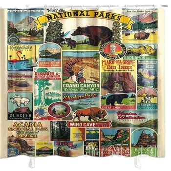 Плакат Американского национального парка Занавеска для душа от Ho Me Lili Потрясающие пейзажи Ковбойские горы Лес Озеро Декор из полиэстеровой ткани