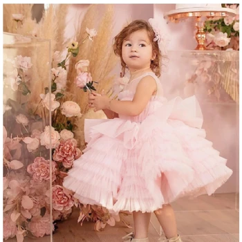 Платья для маленьких девочек в цветочек Розовые 3d платья ручной работы без рукавов длиной до колен Подарок на бал на День рождения и Первое причастие