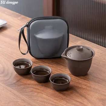 Портативный Дорожный Чайный сервиз на открытом воздухе Purple Sand Gaiwan, один горшок, три чашки с сумкой для хранения, Китайский Глиняный горшок, деловые подарки