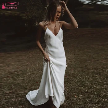 Простое сексуальное шелковое свадебное платье, роскошный косой V-образный вырез, смелые свадебные платья с низкой спинкой ZW088-Шелк