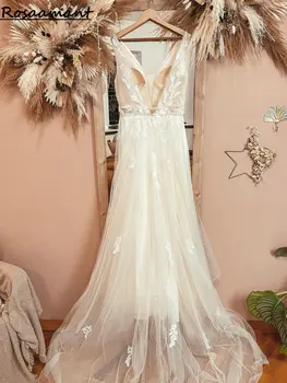 Реальное изображение Иллюзионные Свадебные платья без рукавов с V-образным вырезом, Трапециевидной формы, с открытой спиной, С цветочными аппликациями, Кружевные пляжные платья для невесты Vestidos De Novia