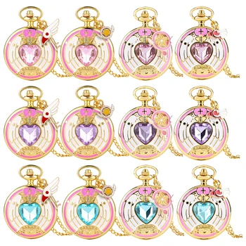 Розовое/ Фиолетовое/ Синее ожерелье с золотым кварцем в форме сердца, часы, подарок для девушки-студентки из аниме, Элегантная подвеска-шарм, Карманные часы