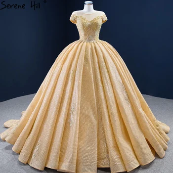 Роскошные свадебные платья Serene Hill Gold с короткими рукавами, платья 2023, высококачественное свадебное платье на шнуровке HM67217, изготовленное на заказ