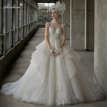 Свадебное платье трапециевидной формы без рукавов с высоким воротом Alonlivn, расшитое бисером и кристаллами, Великолепные свадебные платья с кружевной вышивкой