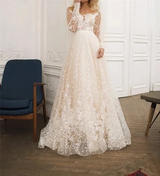Свадебное платье цвета Шампанского с длинными рукавами и кружевными вставками, Открытая спина, Тюлевая аппликация, Модное свадебное платье Robe De Mariee на заказ