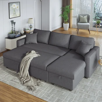 Секционный диван-кровать с обивкой Sleeper серого цвета с местом для хранения, 2 раскладывающимися подушками
