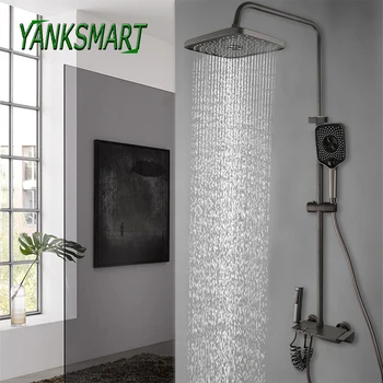Смеситель для душа YANKSMART для ванной комнаты, Серый, Настенный, с четырьмя кнопками управления, Регулируемый Смеситель для дождевой воды, Душевая система