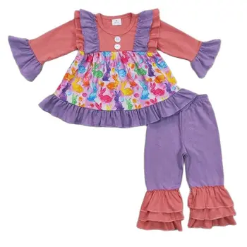 Топы в стиле пэчворк с пасхальным кроликом и цветочным рисунком для маленьких девочек, Комплекты брюк для детей от 1 до 8 лет, весенняя одежда для вечеринок, модные наряды