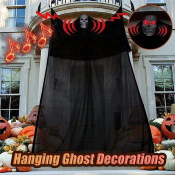 Украшение дома с привидениями в виде висящего черепа на Хэллоуин со светодиодным звуковым орнаментом-призраком, бар в помещении и на открытом воздухе, декор для вечеринки на Хэллоуин