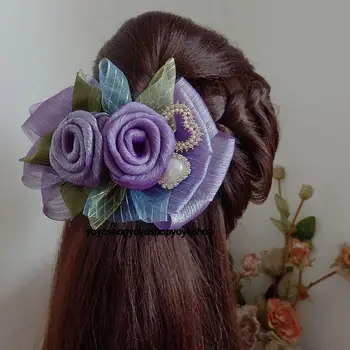 фиолетовая роза, пряжа ручной работы, заколка с жемчужным бантом, классические аксессуары для волос в цветочек