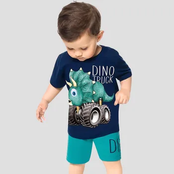 Футболки с короткими рукавами и мультяшным принтом динозавра для маленьких мальчиков, топы, шорты, детская одежда для 3-месячного мальчика