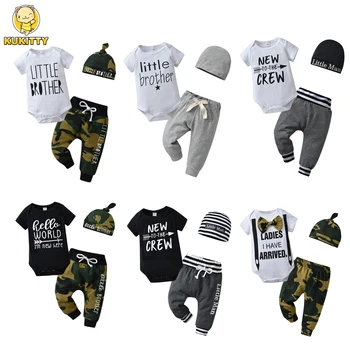 Хлопковая модная летняя одежда для новорожденных мальчиков, комплект одежды, топы с длинными рукавами + Брюки + шапочка, 3 шт. детский костюм