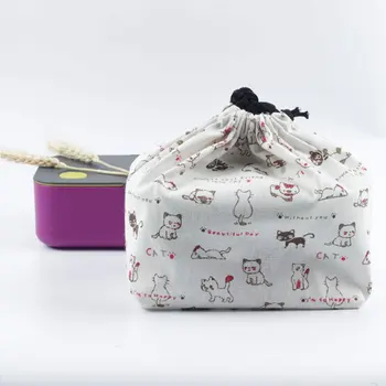 Школьная сумка для бенто из хлопка и льна для студентов, школьная сумка на шнурке, сумка для ланча с принтом, переносная коробка для пикника в японском стиле.