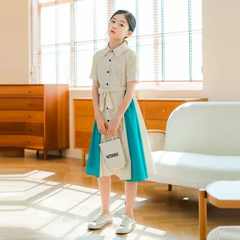 Школьное платье с цветным воротником для подростков, Студенческое Милое платье-рубашка, Детское платье-рубашка на пуговицах с коротким рукавом 