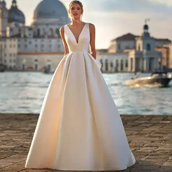 Элегантное Атласное свадебное платье с V-образным вырезом, расшитое жемчугом, без спинки С бантом, Свадебное платье со шлейфом без рукавов Vestidos De Novia