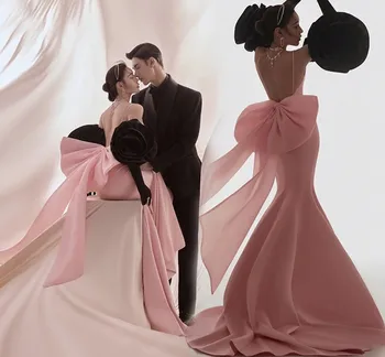 Элегантное Розовое платье для выпускного вечера с большим бантом 2023 на бретельках с открытой спиной, Атласные вечерние платья Русалки, вечерние платья знаменитостей, женское вечернее платье