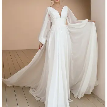 Элегантное Шифоновое платье невесты с V-образным вырезом и длинными рукавами, сшитое на заказ, простые пляжные свадебные платья в стиле бохо